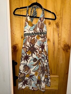 Patagonia Floral Halter Dress in Cream, Brown & Aqua